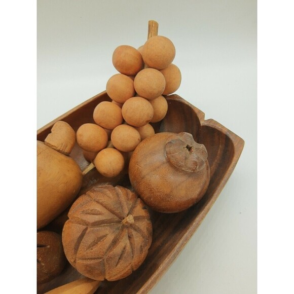 Set Vintage Monkey Pod Wooden Fruit Bowl Of 7 Pcs of Fruit w/ Matching Bowl - Picture 4 of 8